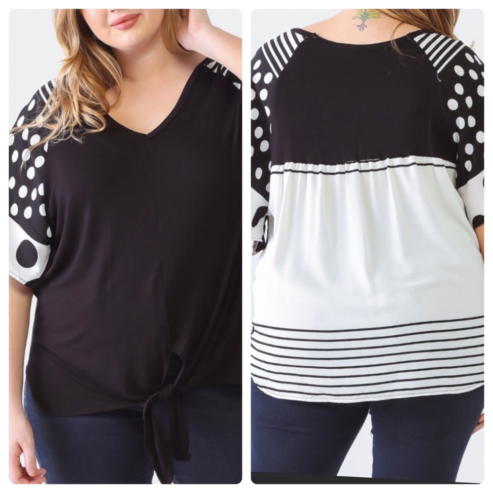 NEW Plus Size Black Line Polkadot Short Sleeve Self Tie Top